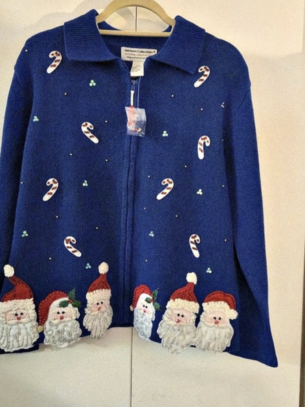 Vtg Heirloom Collectibles Christmas Cardigan Sweater Blue Santa Zipper Size M